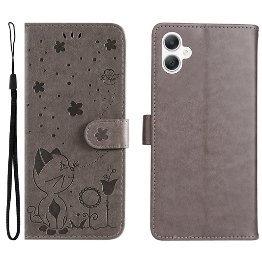 KT Imprinting Flower Series-4 For Samsung Galaxy A06 Case Cat Bee Pattern Flip Leather Phone Cover - Grey