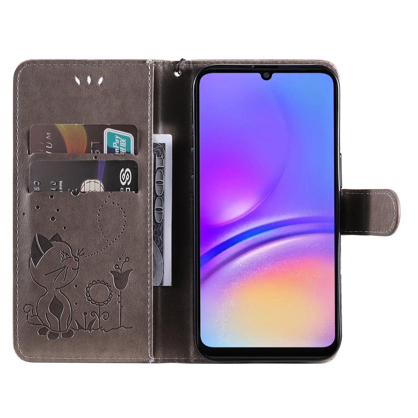 KT Imprinting Flower Series-4 For Samsung Galaxy A06 Case Cat Bee Pattern Flip Leather Phone Cover - Grey