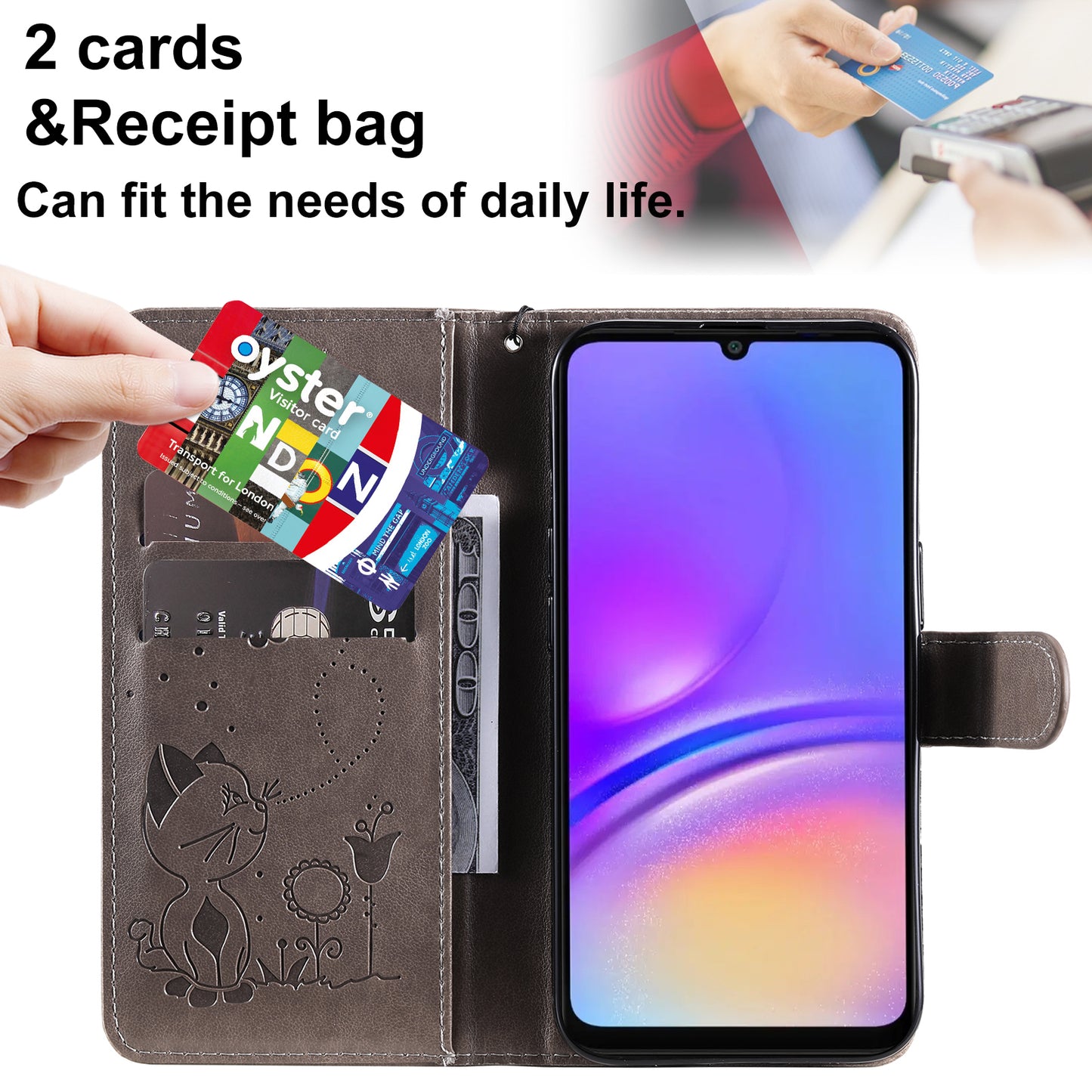 KT Imprinting Flower Series-4 For Samsung Galaxy A06 Case Cat Bee Pattern Flip Leather Phone Cover - Grey