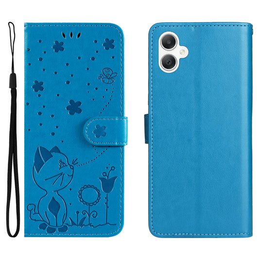 KT Imprinting Flower Series-4 For Samsung Galaxy A06 Case Cat Bee Pattern Flip Leather Phone Cover - Dark Blue