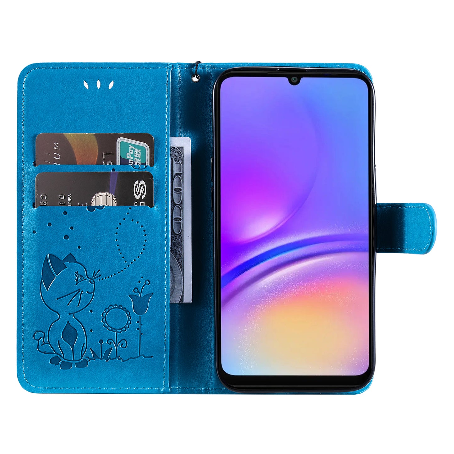 KT Imprinting Flower Series-4 For Samsung Galaxy A06 Case Cat Bee Pattern Flip Leather Phone Cover - Dark Blue