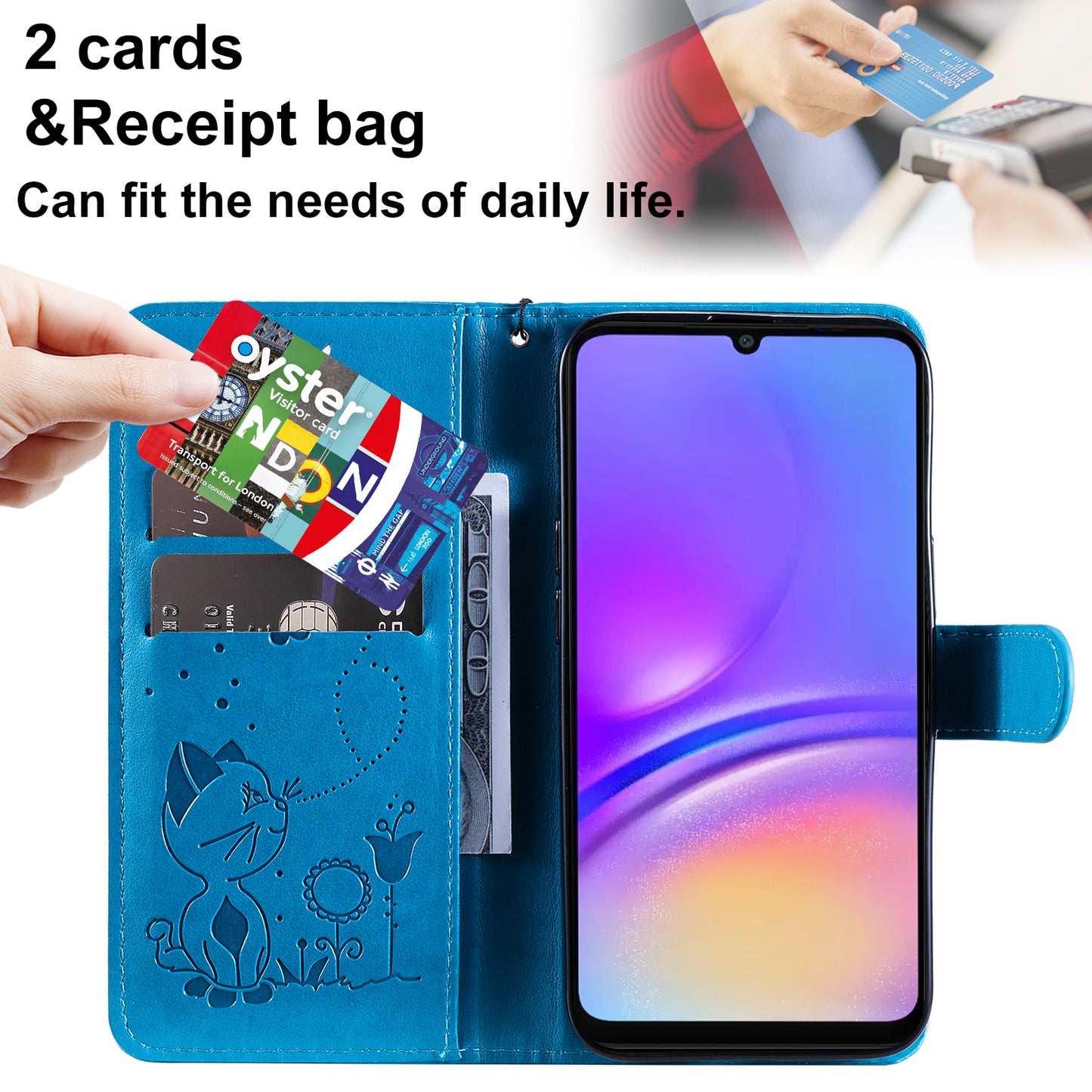 KT Imprinting Flower Series-4 For Samsung Galaxy A06 Case Cat Bee Pattern Flip Leather Phone Cover - Dark Blue