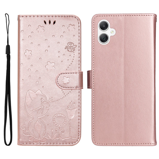 KT Imprinting Flower Series-4 For Samsung Galaxy A06 Case Cat Bee Pattern Flip Leather Phone Cover - Rose Gold