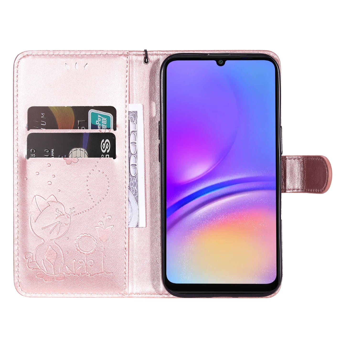 KT Imprinting Flower Series-4 For Samsung Galaxy A06 Case Cat Bee Pattern Flip Leather Phone Cover - Rose Gold