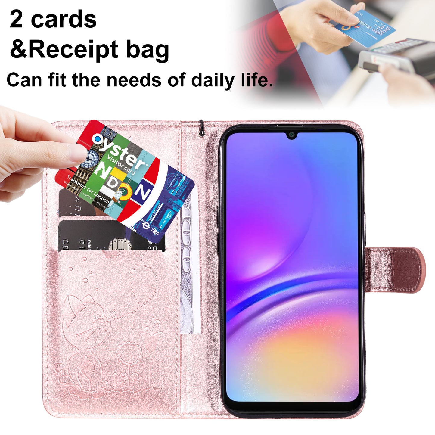 KT Imprinting Flower Series-4 For Samsung Galaxy A06 Case Cat Bee Pattern Flip Leather Phone Cover - Rose Gold