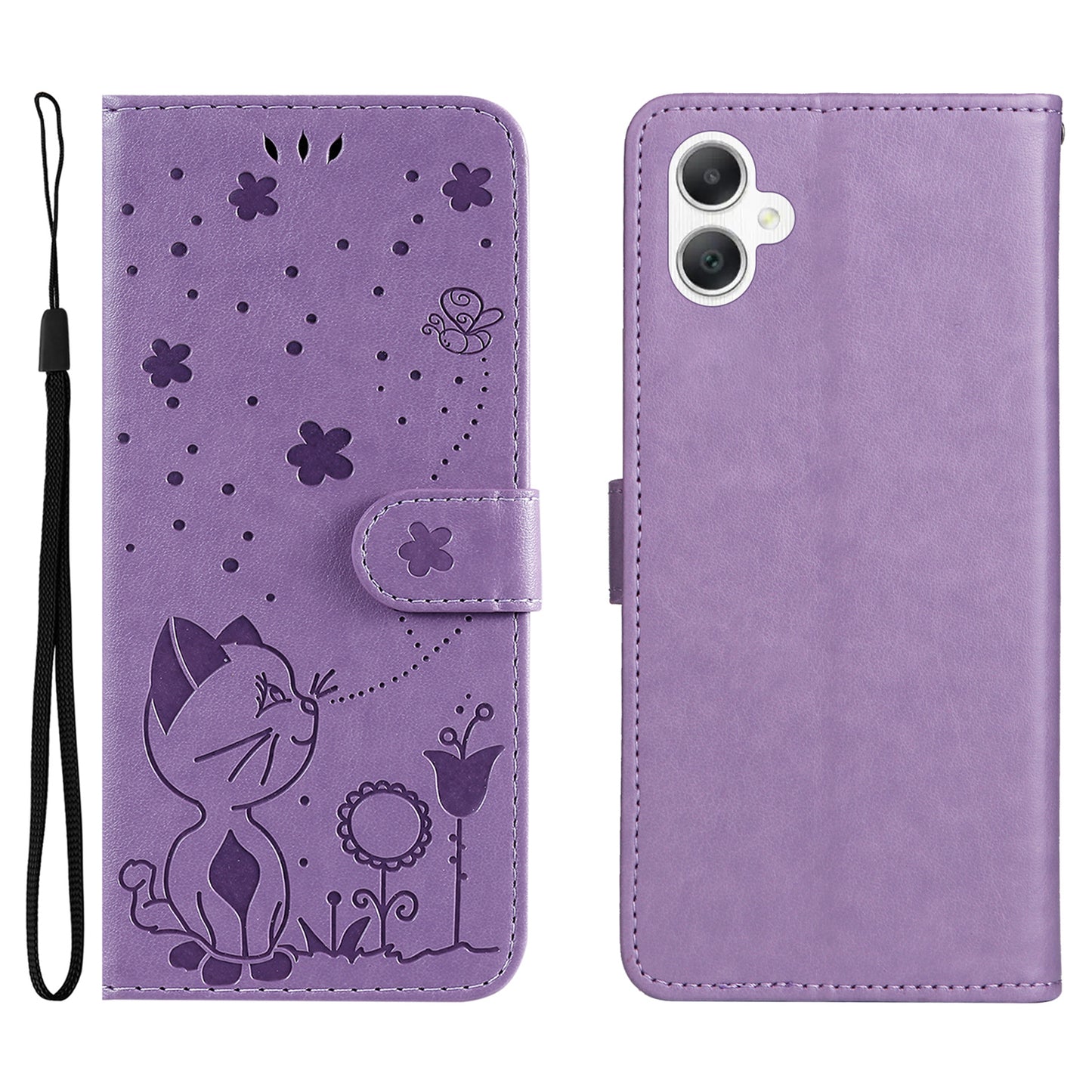 KT Imprinting Flower Series-4 For Samsung Galaxy A06 Case Cat Bee Pattern Flip Leather Phone Cover - Light Purple