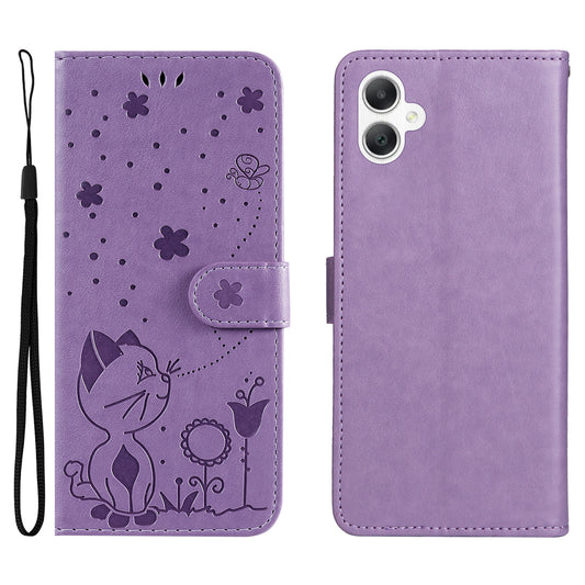 KT Imprinting Flower Series-4 For Samsung Galaxy A06 Case Cat Bee Pattern Flip Leather Phone Cover - Light Purple