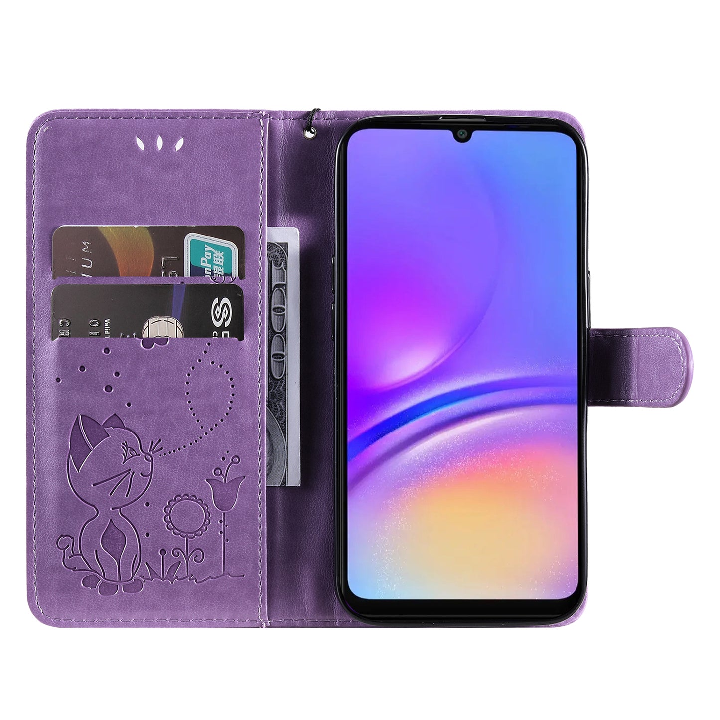 KT Imprinting Flower Series-4 For Samsung Galaxy A06 Case Cat Bee Pattern Flip Leather Phone Cover - Light Purple
