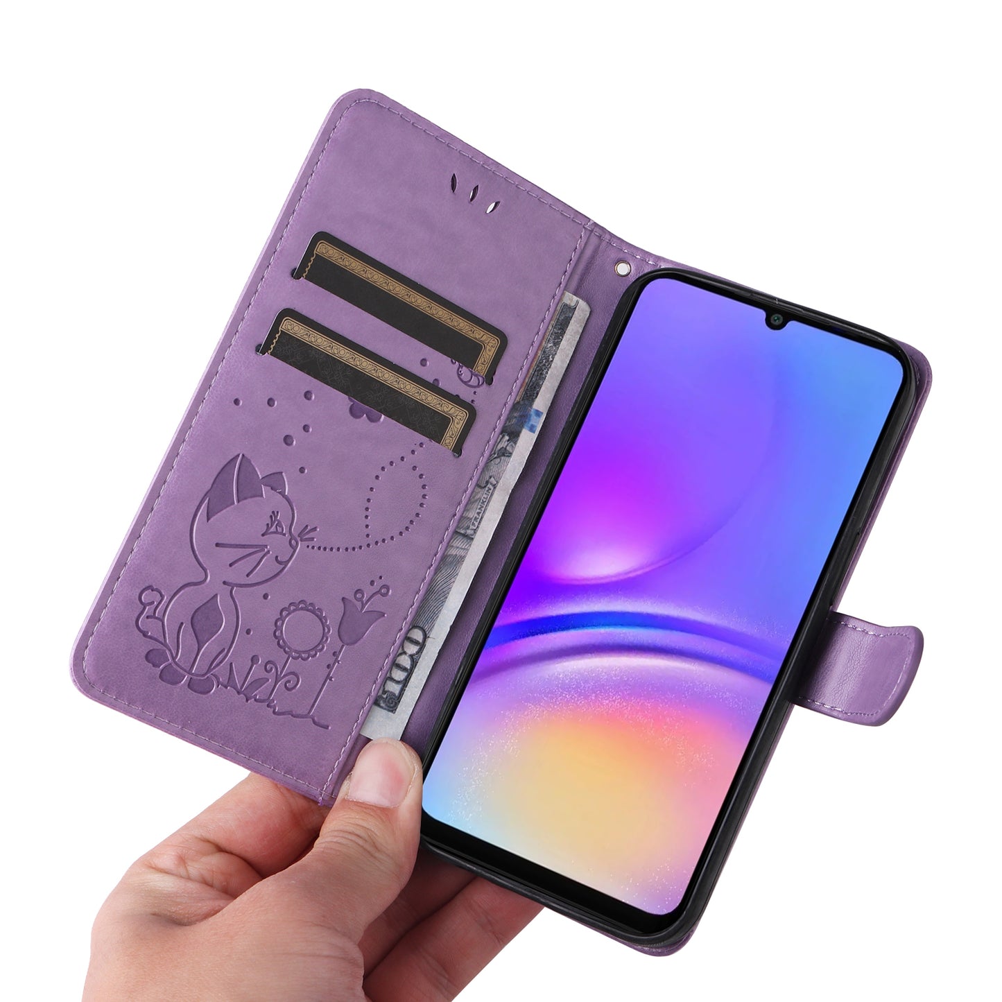 KT Imprinting Flower Series-4 For Samsung Galaxy A06 Case Cat Bee Pattern Flip Leather Phone Cover - Light Purple