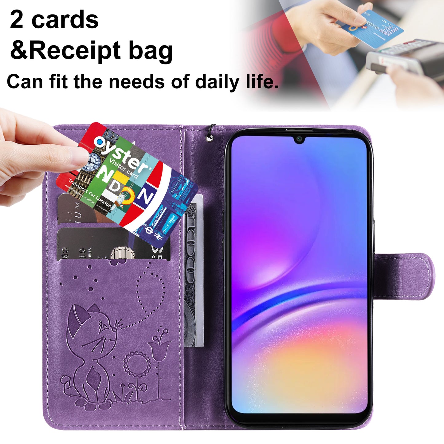 KT Imprinting Flower Series-4 For Samsung Galaxy A06 Case Cat Bee Pattern Flip Leather Phone Cover - Light Purple