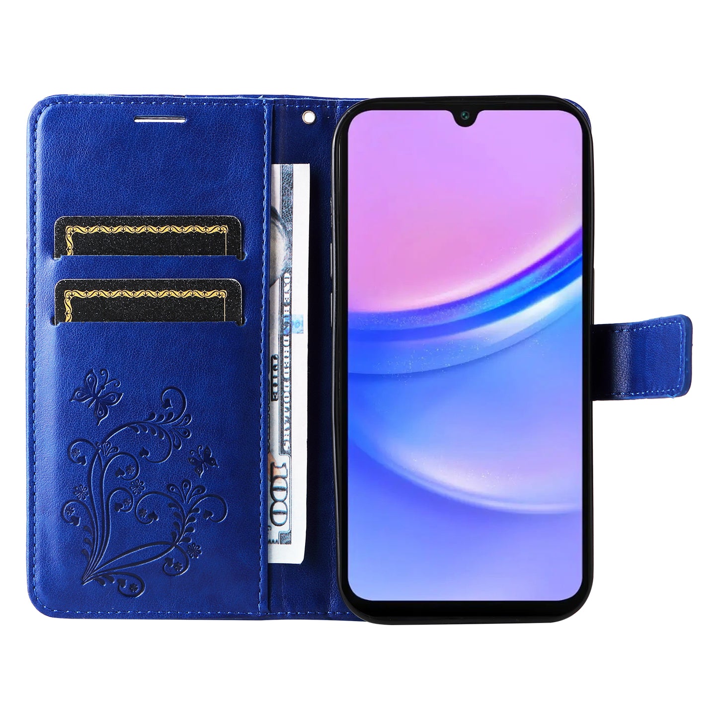 KT Imprinting Flower Series-2 For Samsung Galaxy A16 5G / A16 4G Case Floral Butterfly Leather Wallet Phone Cover - Blue