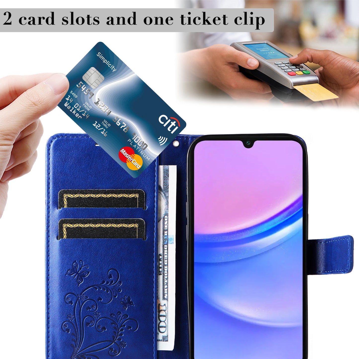 KT Imprinting Flower Series-2 For Samsung Galaxy A16 5G / A16 4G Case Floral Butterfly Leather Wallet Phone Cover - Blue