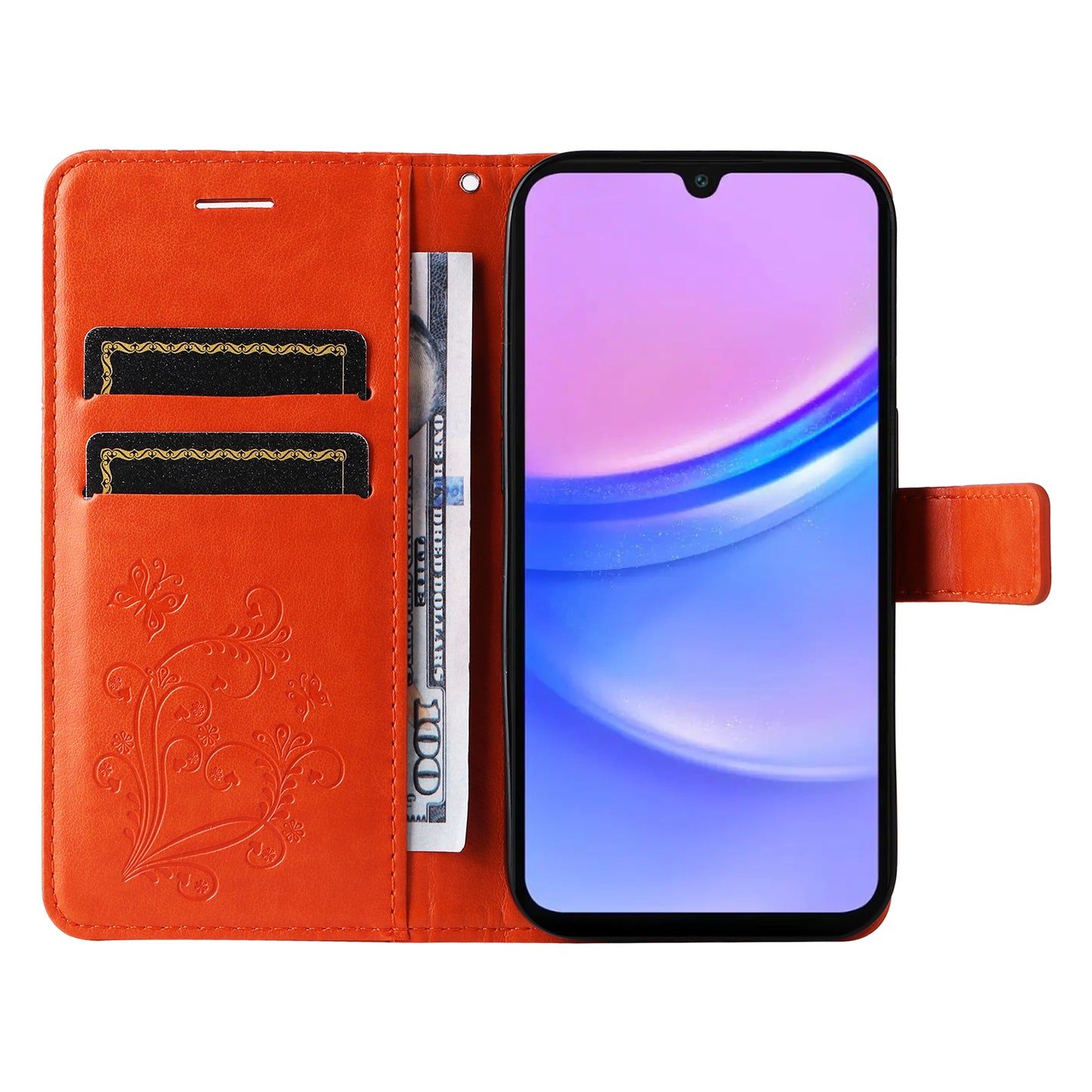 KT Imprinting Flower Series-2 For Samsung Galaxy A16 5G / A16 4G Case Floral Butterfly Leather Wallet Phone Cover - Orange