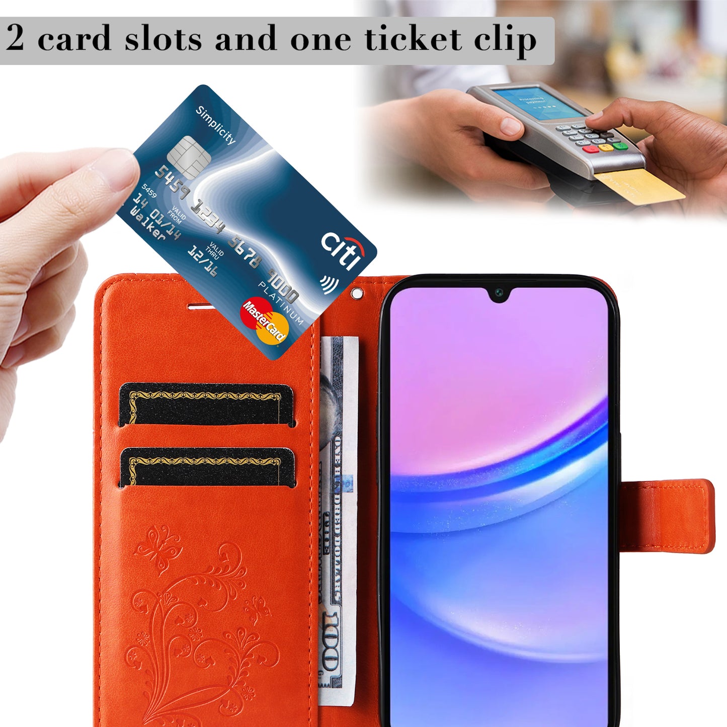 KT Imprinting Flower Series-2 For Samsung Galaxy A16 5G / A16 4G Case Floral Butterfly Leather Wallet Phone Cover - Orange