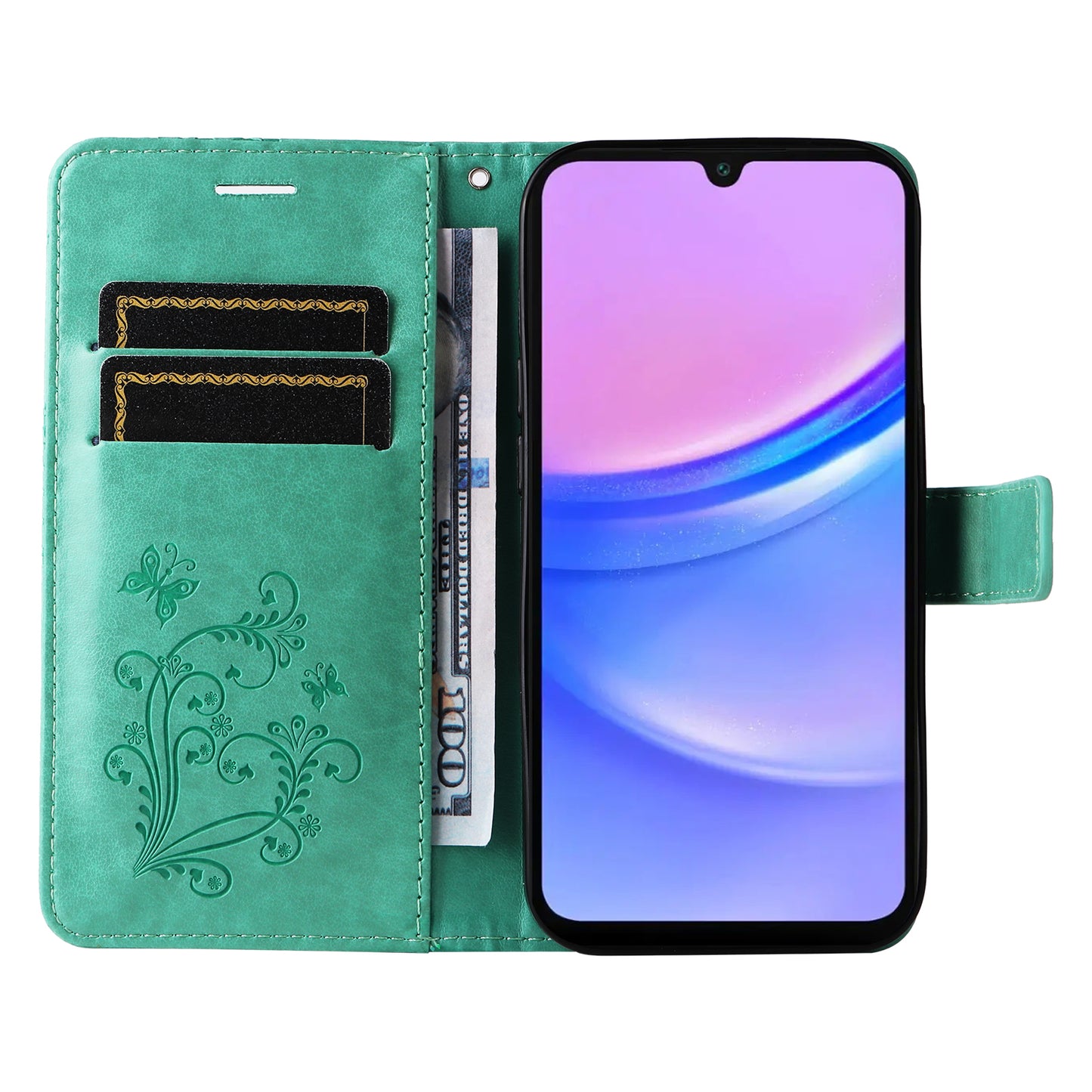 KT Imprinting Flower Series-2 For Samsung Galaxy A16 5G / A16 4G Case Floral Butterfly Leather Wallet Phone Cover - Green