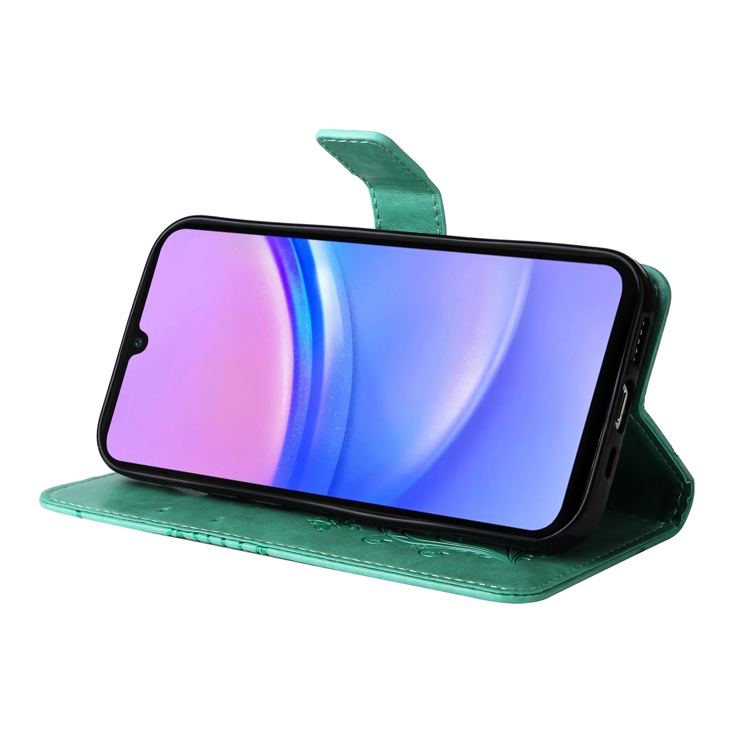 KT Imprinting Flower Series-2 For Samsung Galaxy A16 5G / A16 4G Case Floral Butterfly Leather Wallet Phone Cover - Green