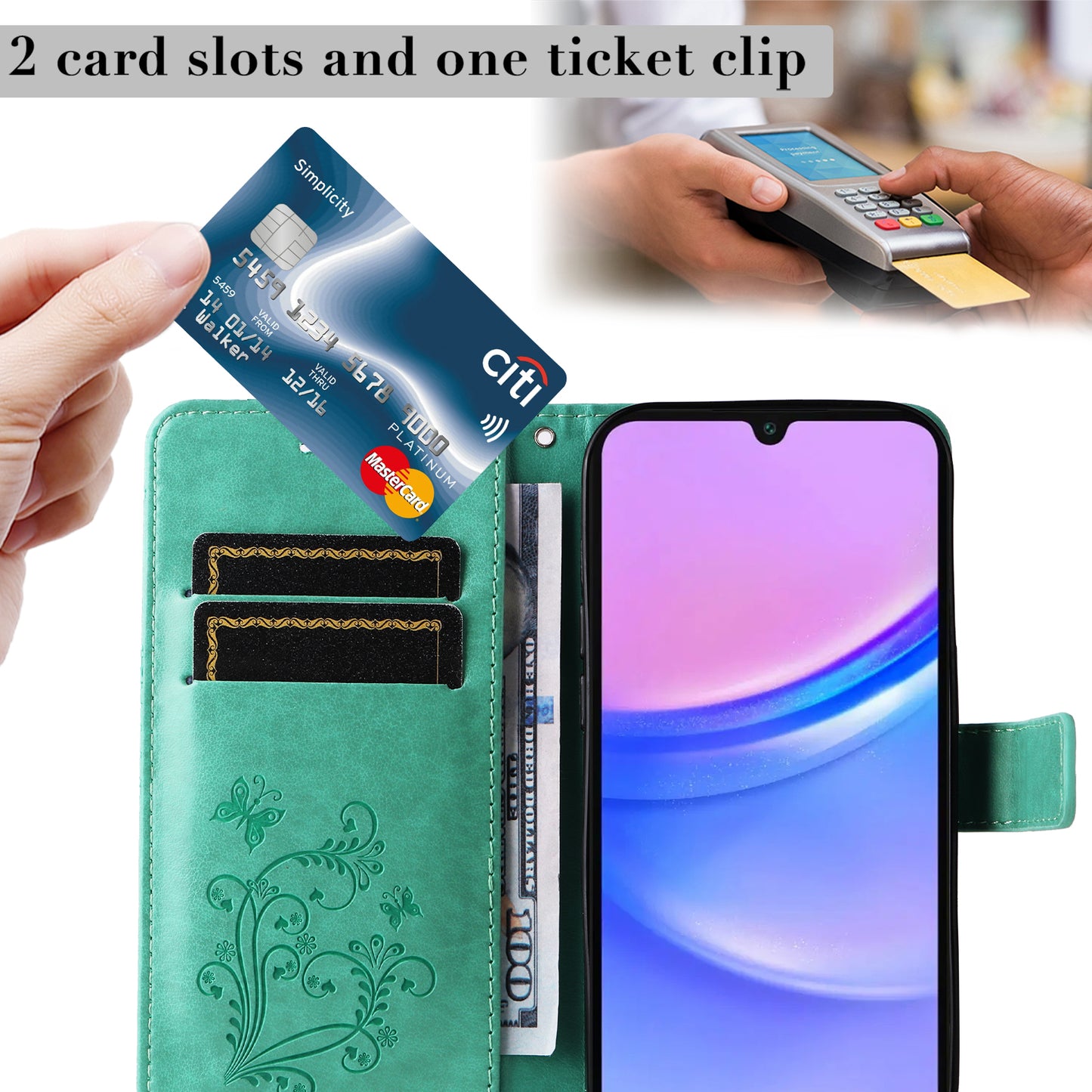 KT Imprinting Flower Series-2 For Samsung Galaxy A16 5G / A16 4G Case Floral Butterfly Leather Wallet Phone Cover - Green