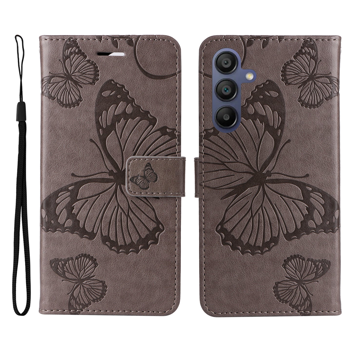 KT Imprinting Flower Series-2 For Samsung Galaxy A16 5G / A16 4G Case Floral Butterfly Leather Wallet Phone Cover - Grey