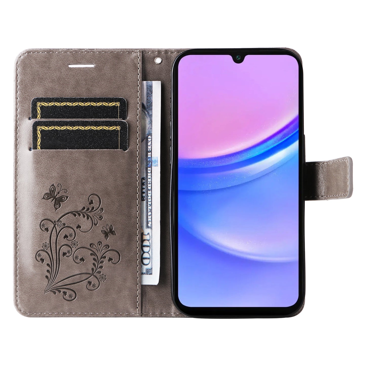KT Imprinting Flower Series-2 For Samsung Galaxy A16 5G / A16 4G Case Floral Butterfly Leather Wallet Phone Cover - Grey