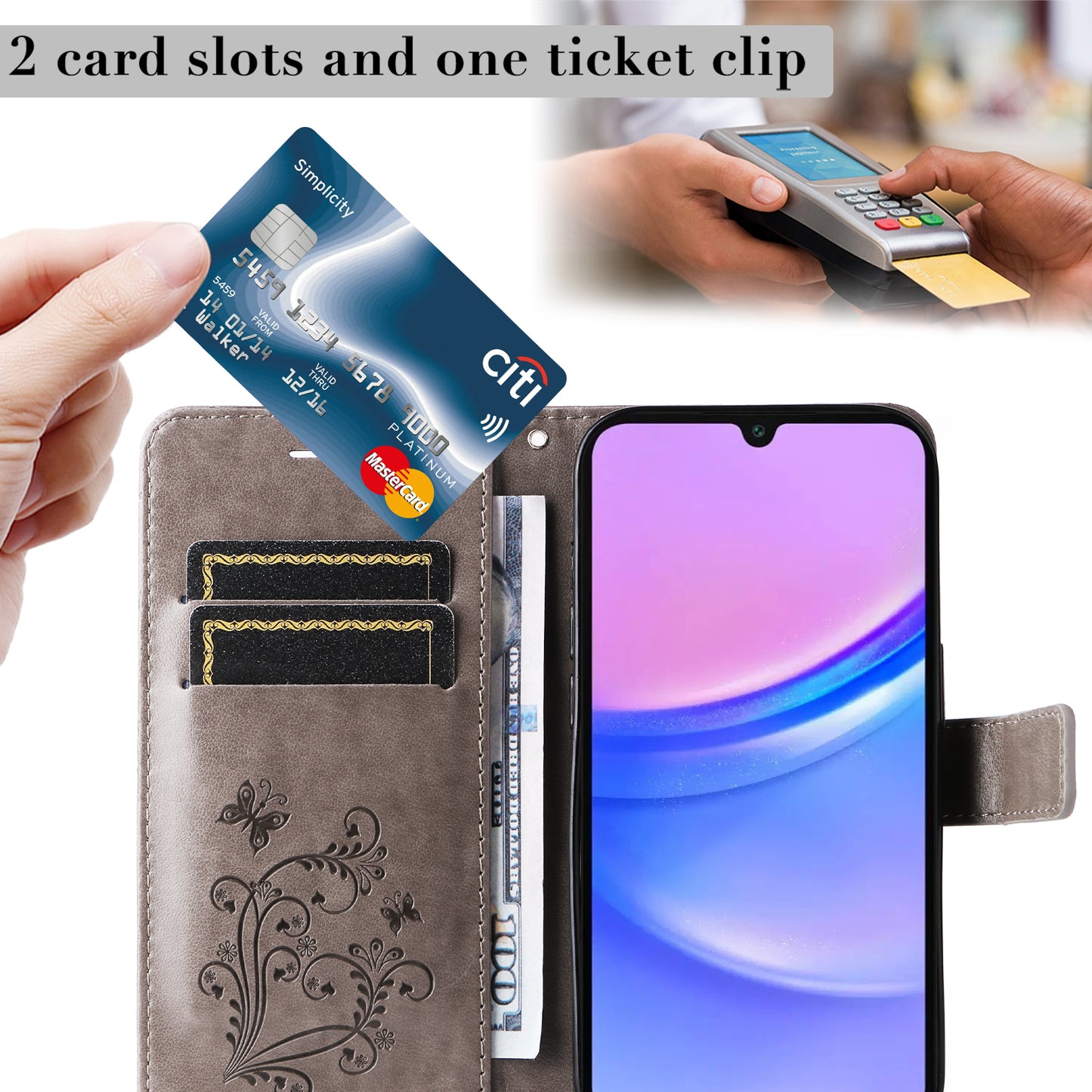KT Imprinting Flower Series-2 For Samsung Galaxy A16 5G / A16 4G Case Floral Butterfly Leather Wallet Phone Cover - Grey