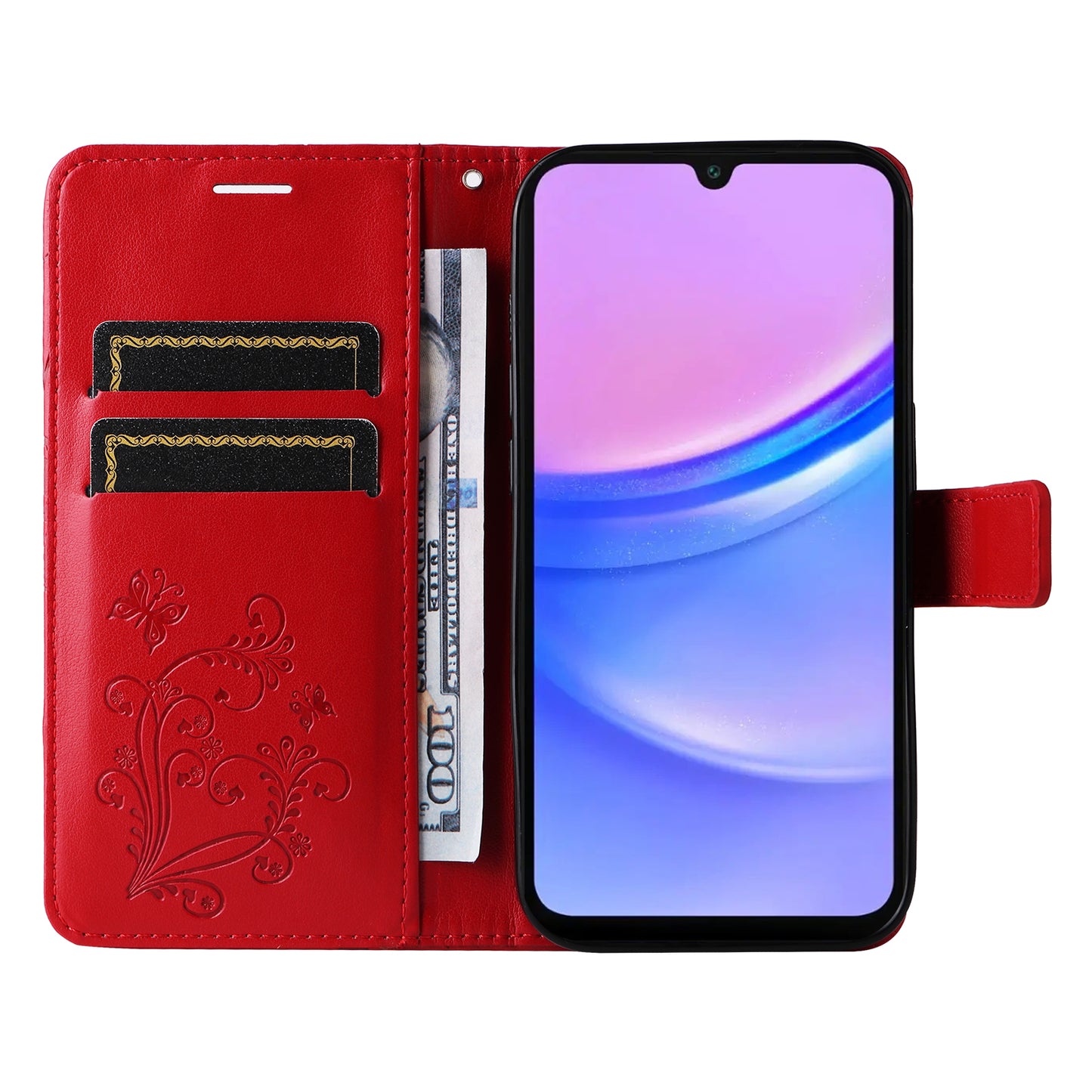 KT Imprinting Flower Series-2 For Samsung Galaxy A16 5G / A16 4G Case Floral Butterfly Leather Wallet Phone Cover - Red