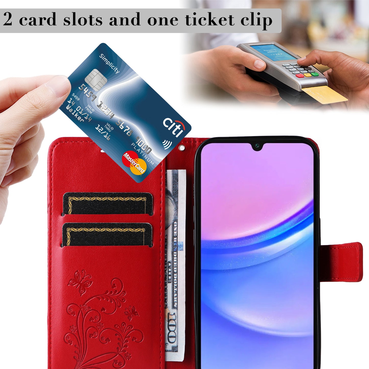 KT Imprinting Flower Series-2 For Samsung Galaxy A16 5G / A16 4G Case Floral Butterfly Leather Wallet Phone Cover - Red