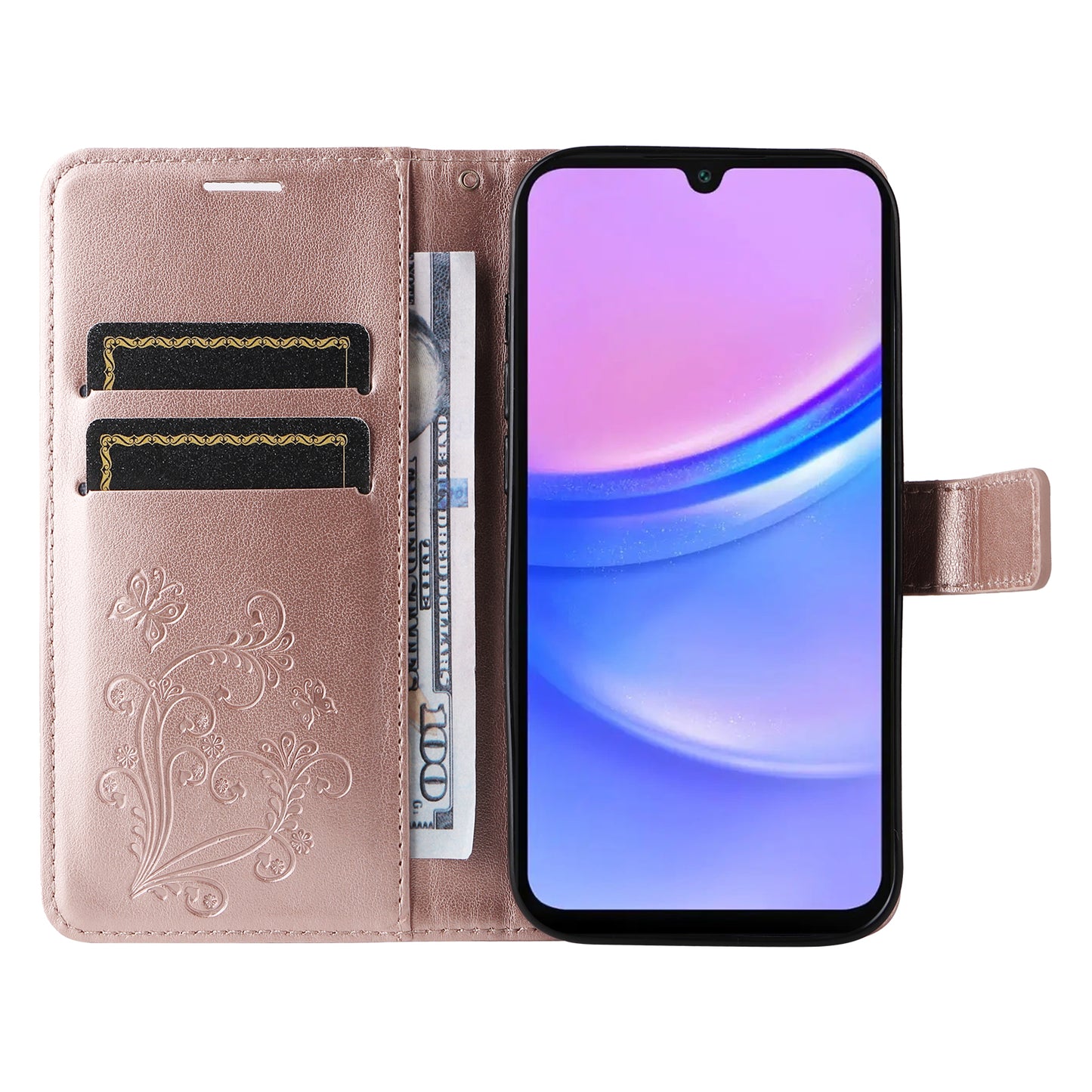 KT Imprinting Flower Series-2 For Samsung Galaxy A16 5G / A16 4G Case Floral Butterfly Leather Wallet Phone Cover - Rose Gold