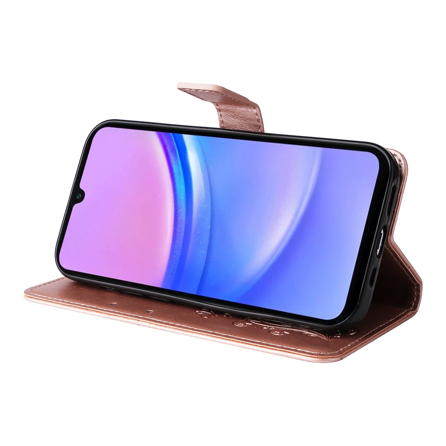 KT Imprinting Flower Series-2 For Samsung Galaxy A16 5G / A16 4G Case Floral Butterfly Leather Wallet Phone Cover - Rose Gold
