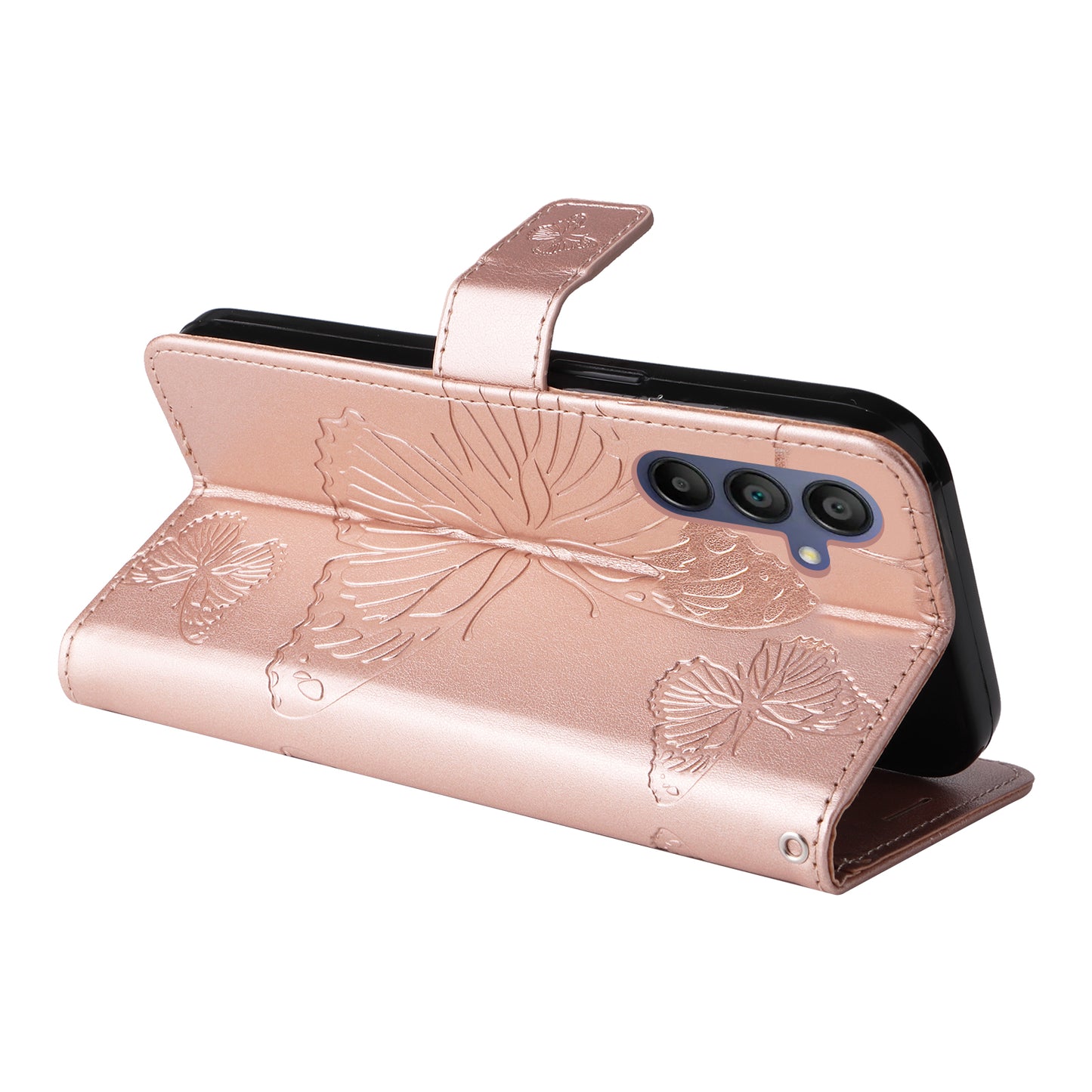 KT Imprinting Flower Series-2 For Samsung Galaxy A16 5G / A16 4G Case Floral Butterfly Leather Wallet Phone Cover - Rose Gold
