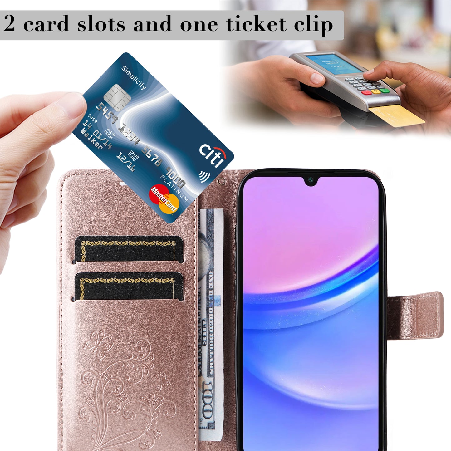 KT Imprinting Flower Series-2 For Samsung Galaxy A16 5G / A16 4G Case Floral Butterfly Leather Wallet Phone Cover - Rose Gold