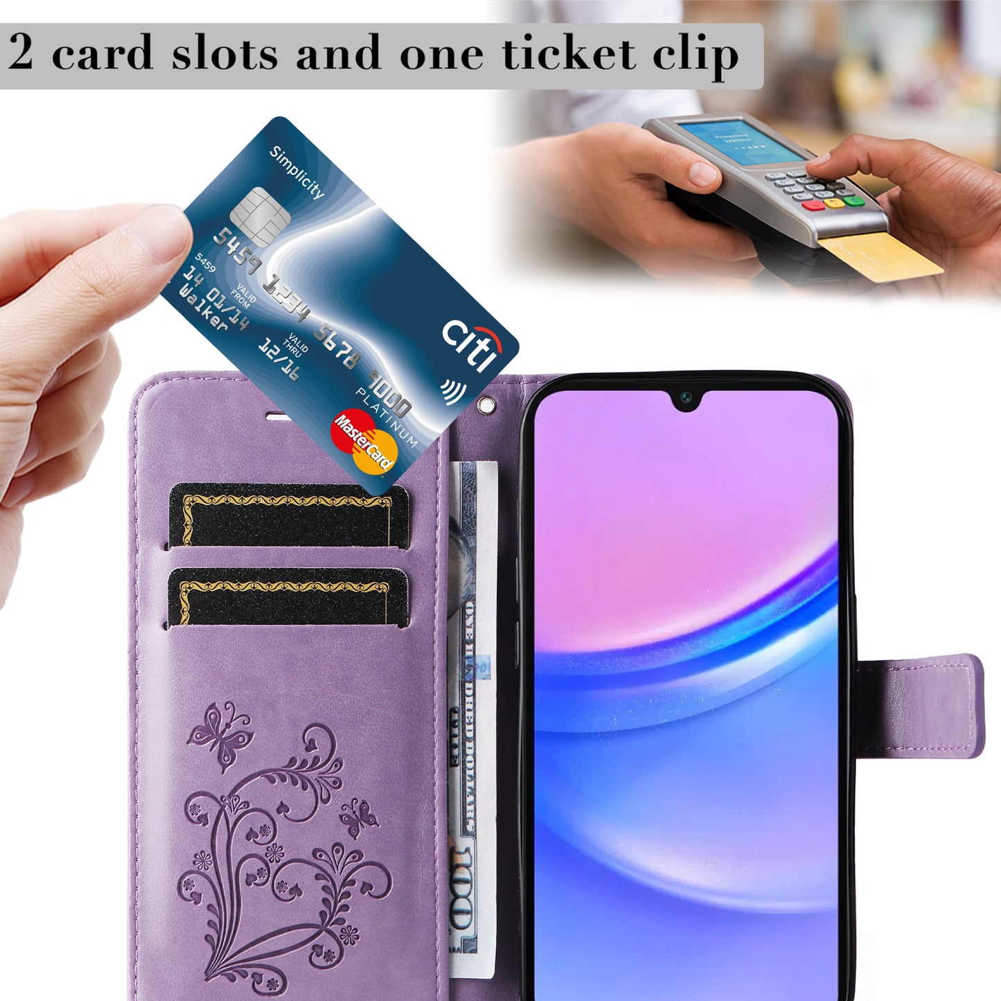 KT Imprinting Flower Series-2 For Samsung Galaxy A16 5G / A16 4G Case Floral Butterfly Leather Wallet Phone Cover - Light Purple