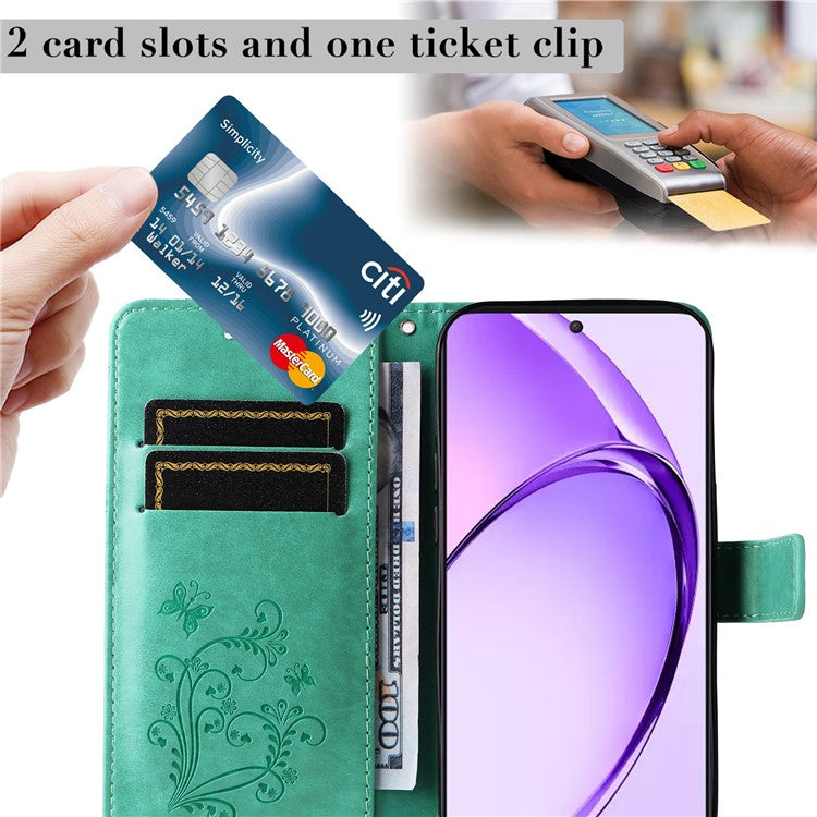 KT Imprinting Flower Series-2 For Oppo A3 Pro (Global) 5G Case Floral Butterfly Leather Wallet Phone Cover - Green