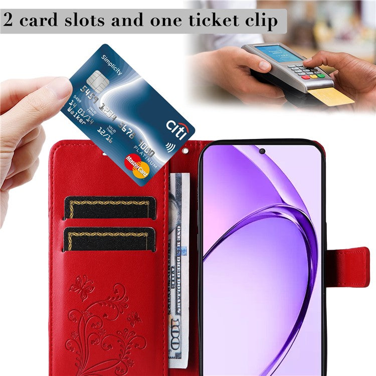 KT Imprinting Flower Series-2 For Oppo A3 Pro (Global) 5G Case Floral Butterfly Leather Wallet Phone Cover - Red