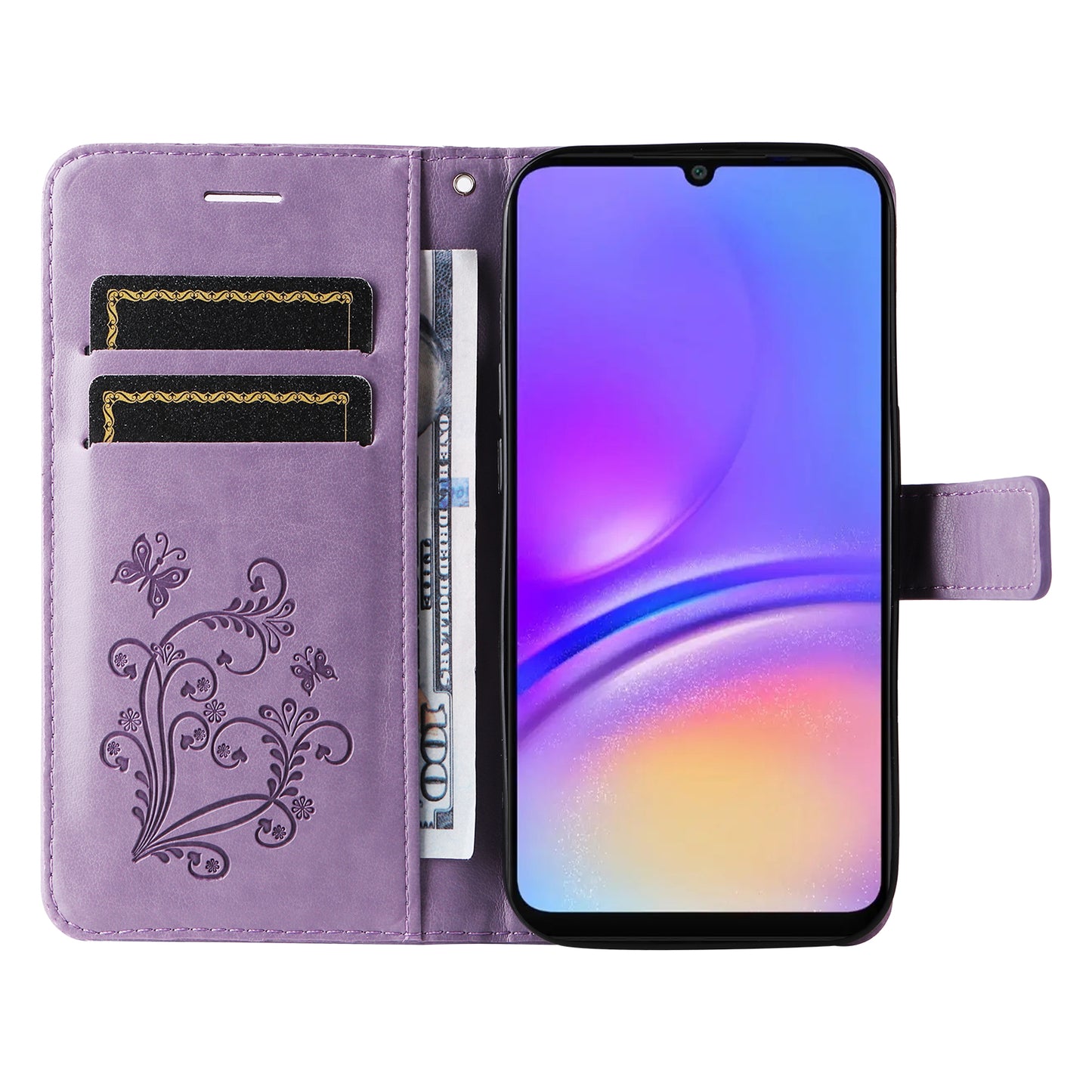 KT Imprinting Flower Series-2 For Samsung Galaxy A06 Case Floral Butterfly Leather Wallet Phone Cover - Light Purple