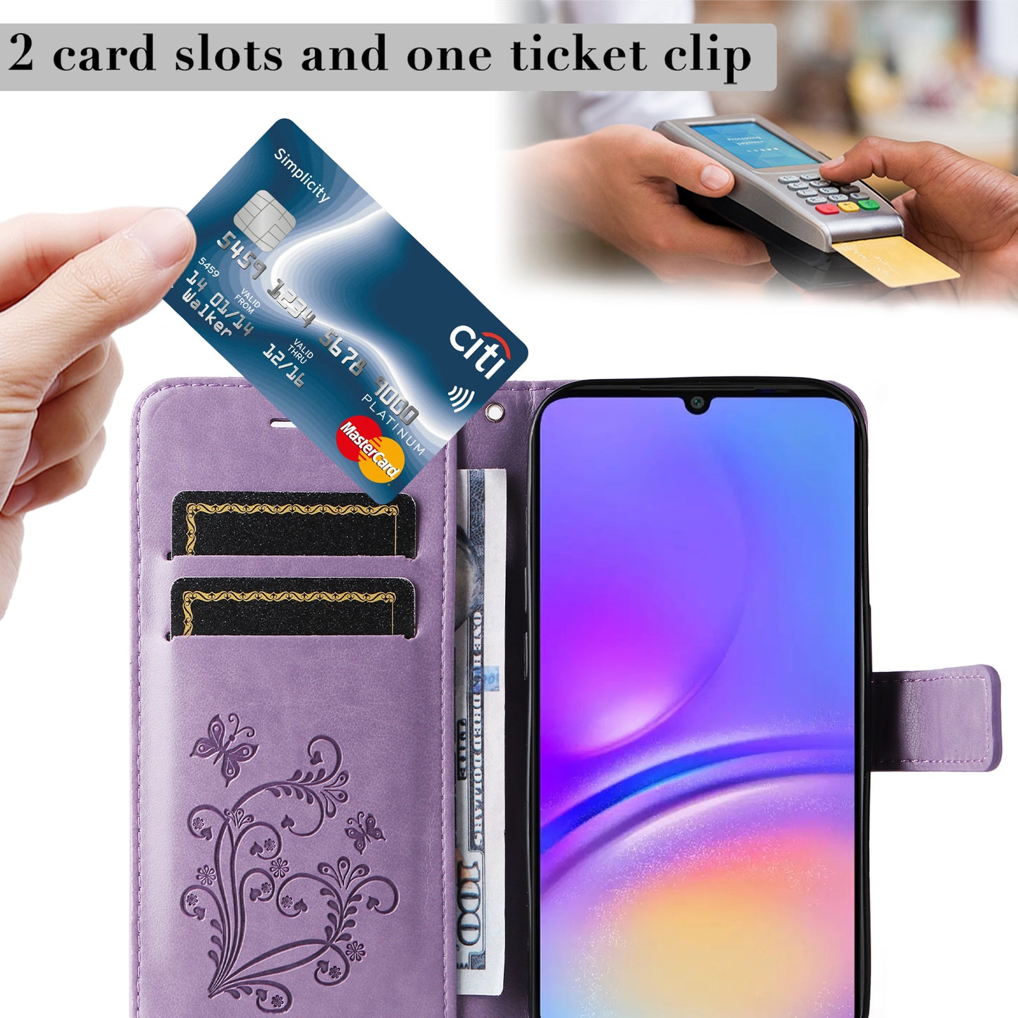 KT Imprinting Flower Series-2 For Samsung Galaxy A06 Case Floral Butterfly Leather Wallet Phone Cover - Light Purple