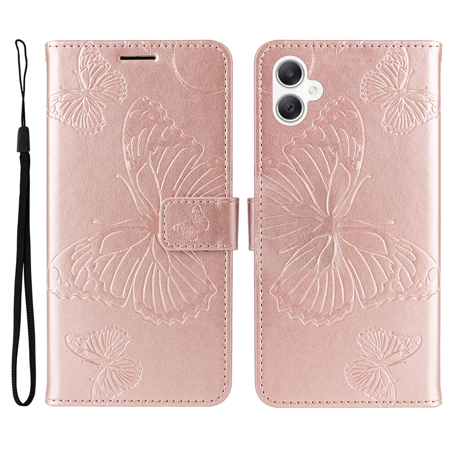 KT Imprinting Flower Series-2 For Samsung Galaxy A06 Case Floral Butterfly Leather Wallet Phone Cover - Rose Gold