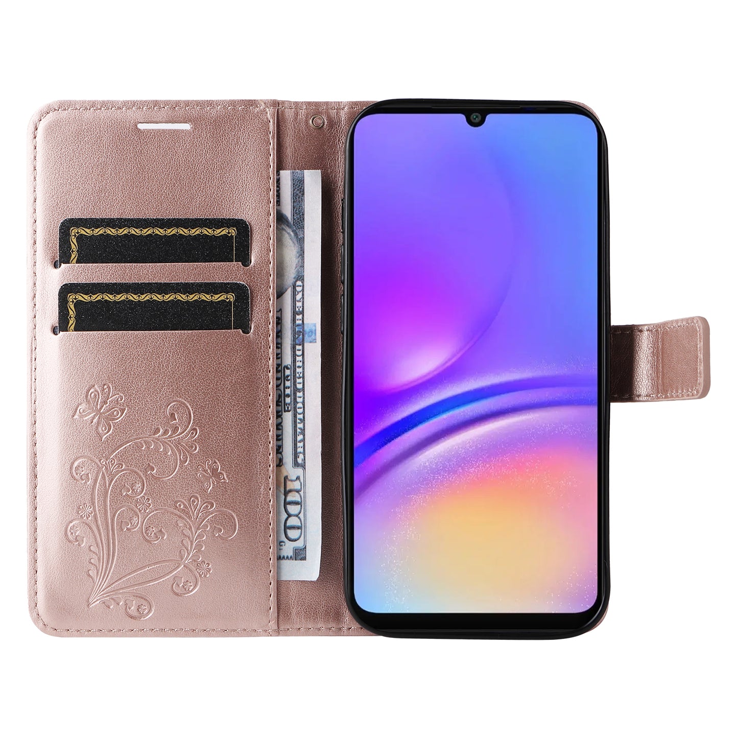 KT Imprinting Flower Series-2 For Samsung Galaxy A06 Case Floral Butterfly Leather Wallet Phone Cover - Rose Gold