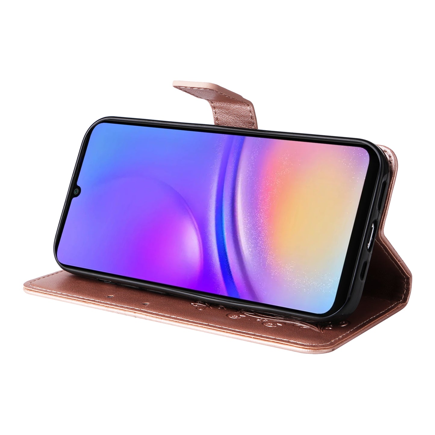 KT Imprinting Flower Series-2 For Samsung Galaxy A06 Case Floral Butterfly Leather Wallet Phone Cover - Rose Gold