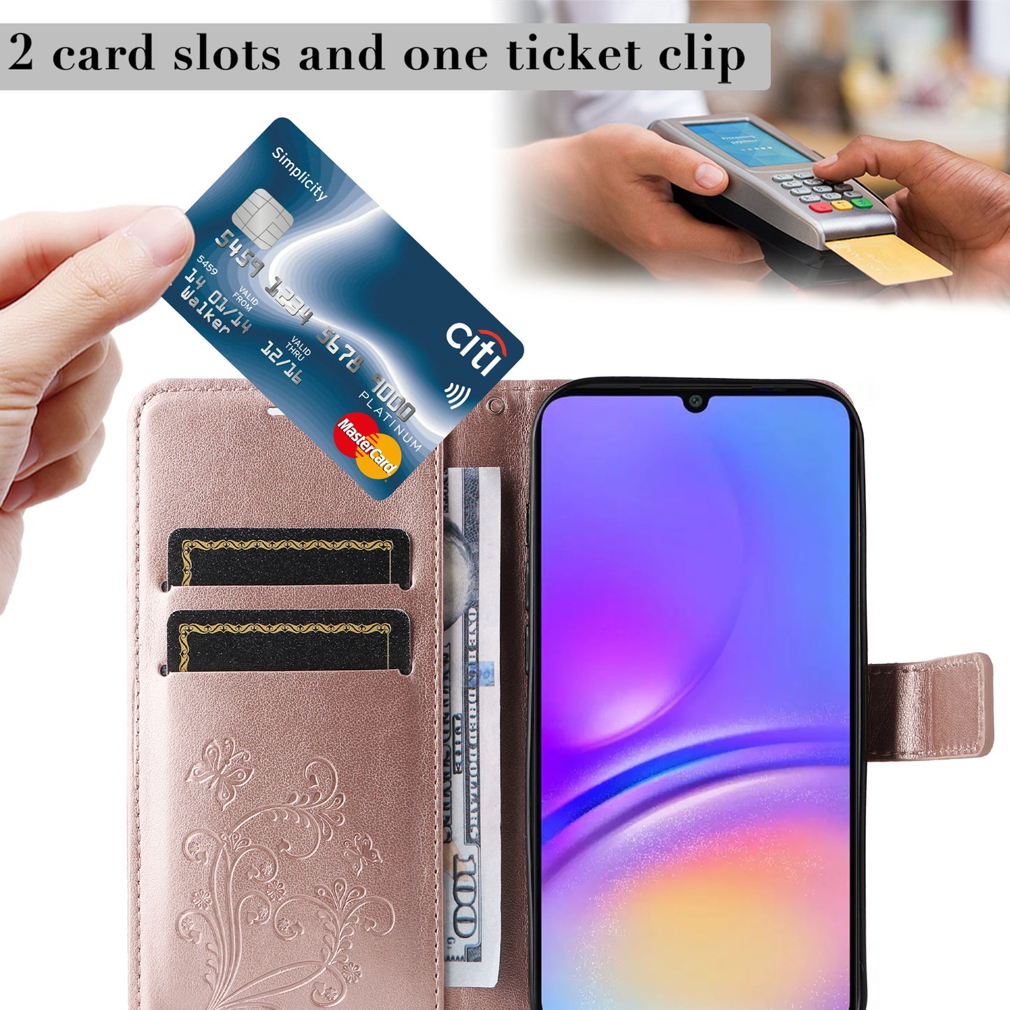 KT Imprinting Flower Series-2 For Samsung Galaxy A06 Case Floral Butterfly Leather Wallet Phone Cover - Rose Gold