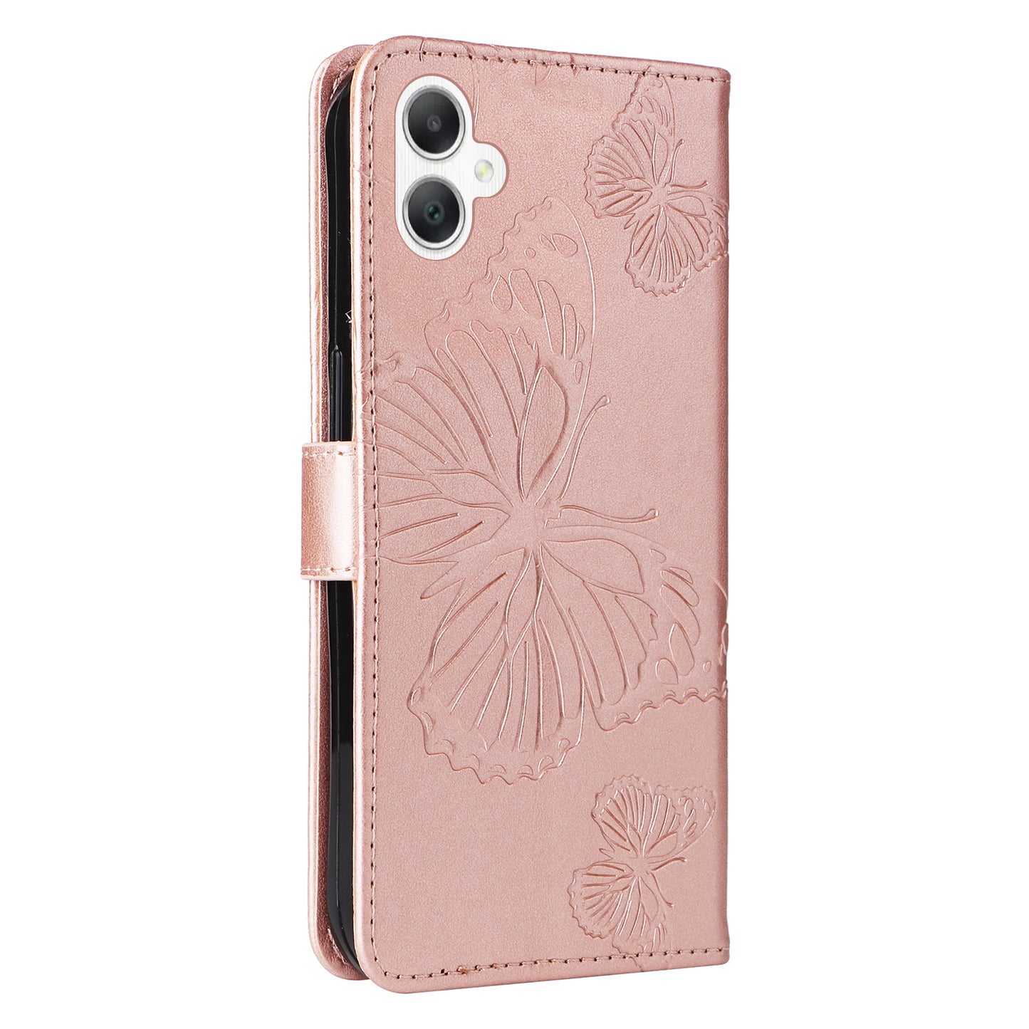 KT Imprinting Flower Series-2 For Samsung Galaxy A06 Case Floral Butterfly Leather Wallet Phone Cover - Rose Gold