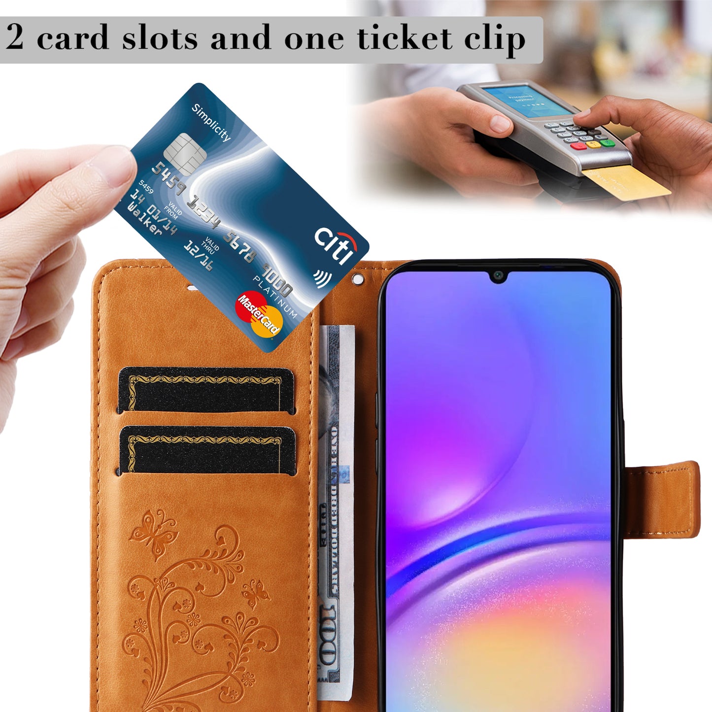 KT Imprinting Flower Series-2 For Samsung Galaxy A06 Case Floral Butterfly Leather Wallet Phone Cover - Yellow