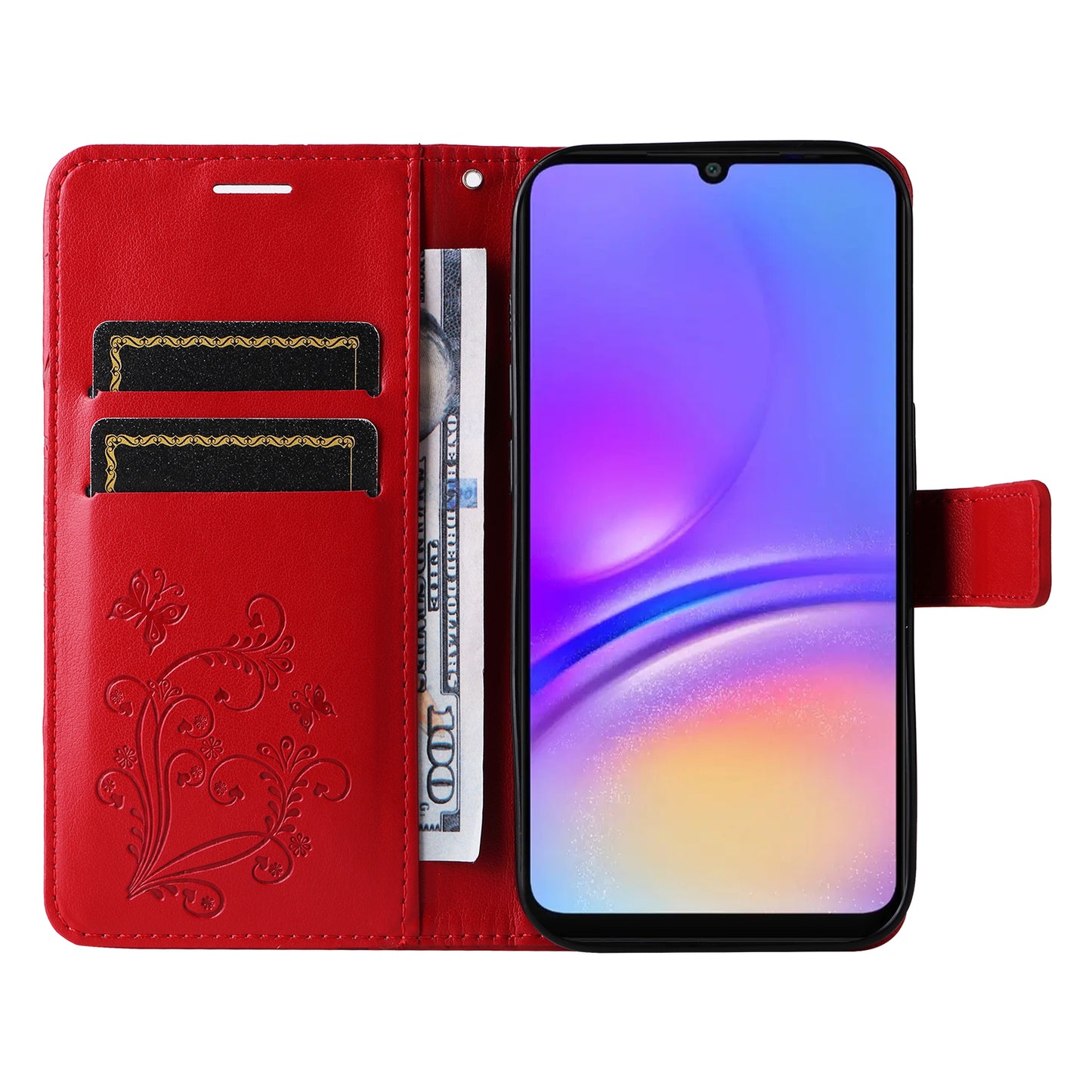 KT Imprinting Flower Series-2 For Samsung Galaxy A06 Case Floral Butterfly Leather Wallet Phone Cover - Red