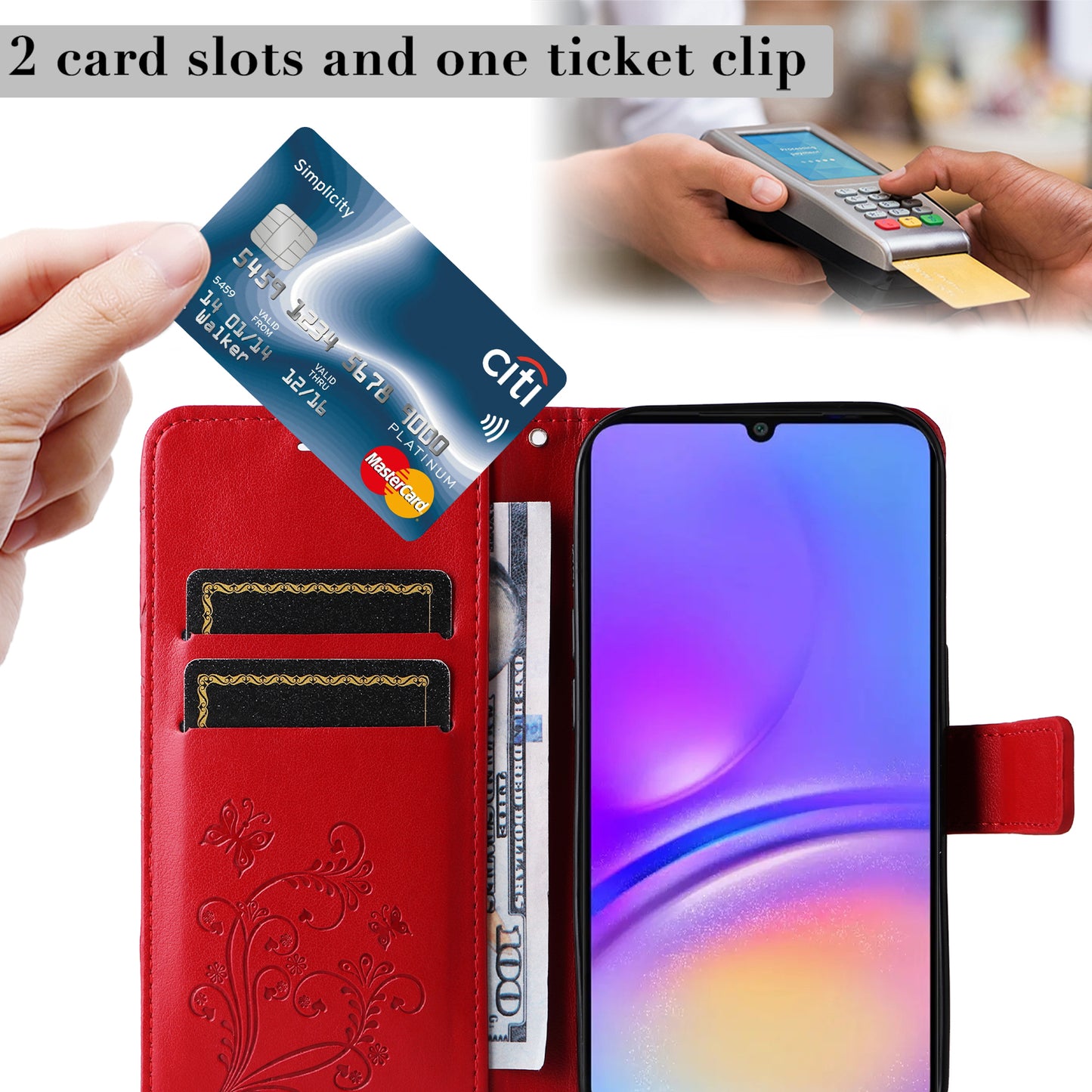 KT Imprinting Flower Series-2 For Samsung Galaxy A06 Case Floral Butterfly Leather Wallet Phone Cover - Red