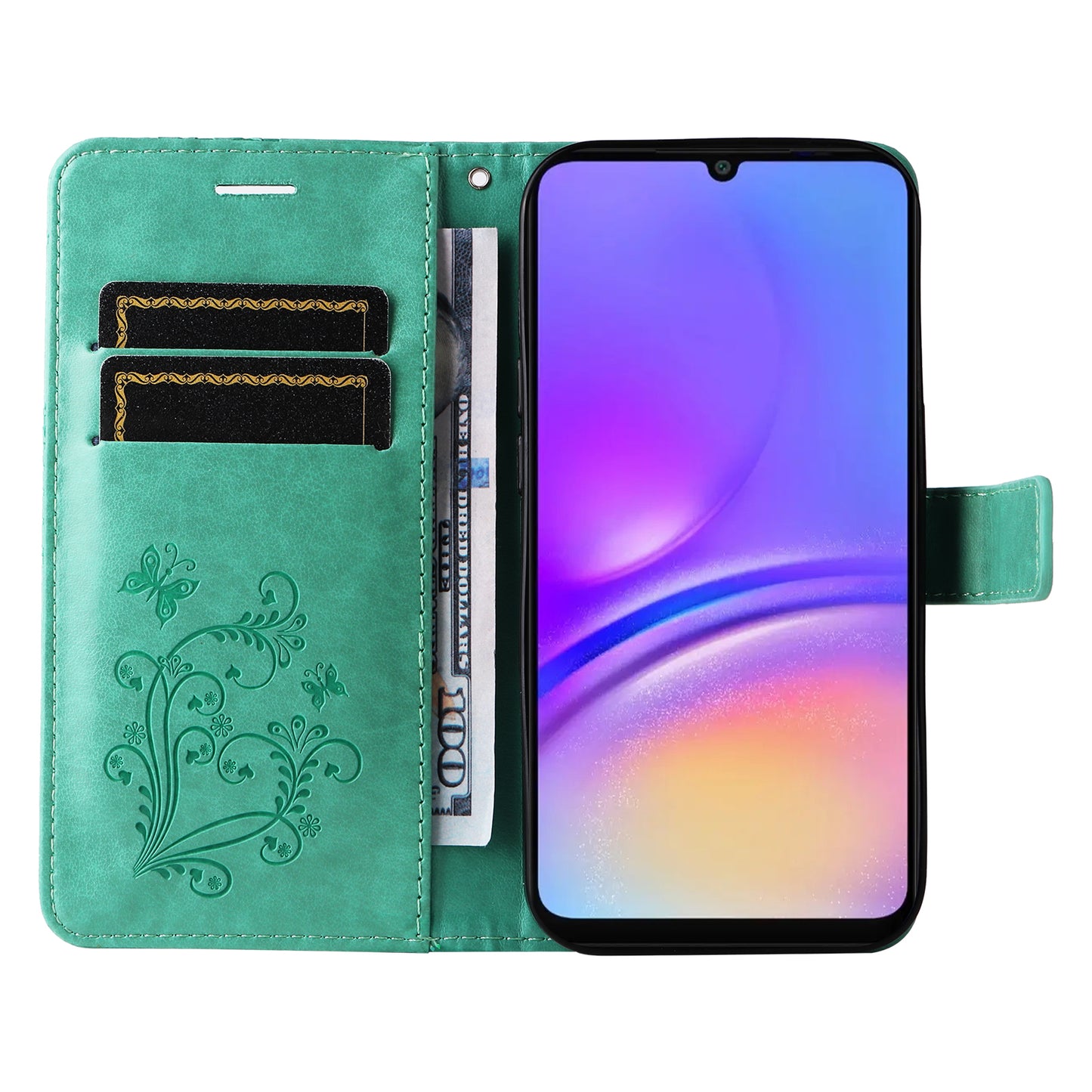 KT Imprinting Flower Series-2 For Samsung Galaxy A06 Case Floral Butterfly Leather Wallet Phone Cover - Green