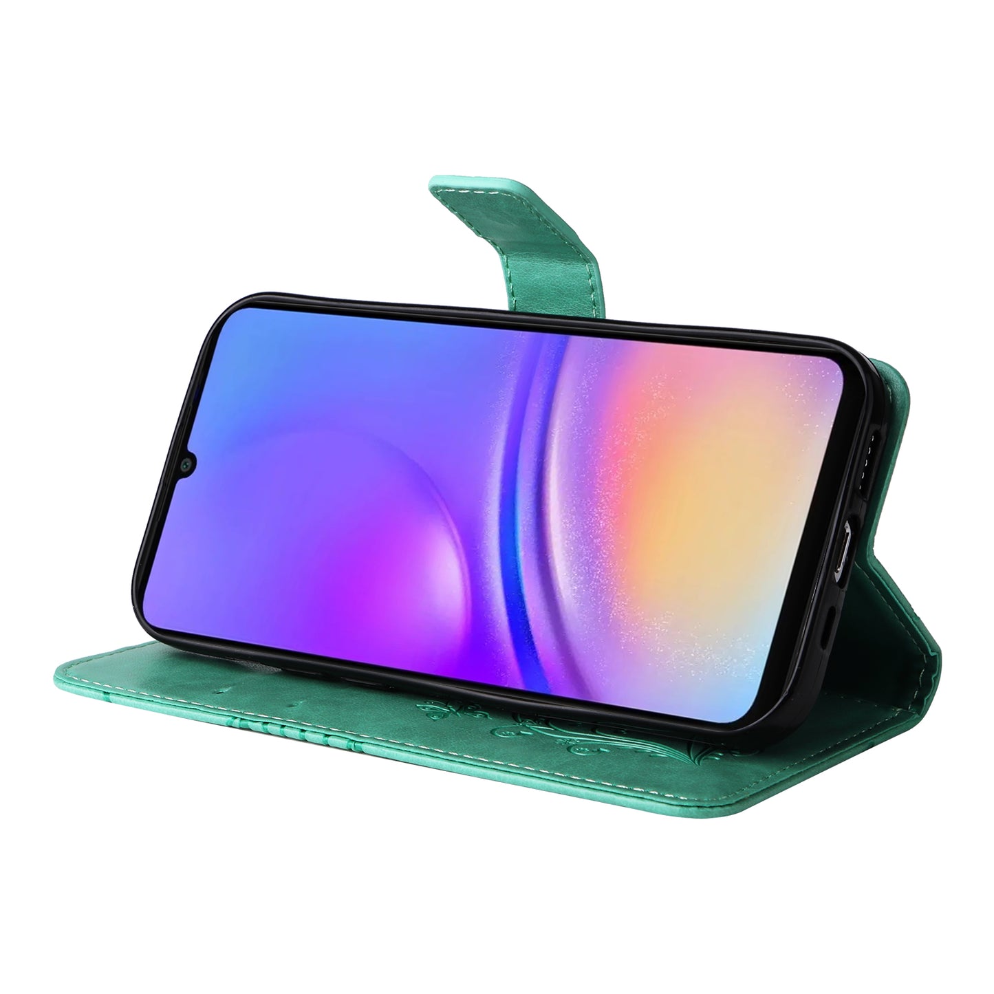 KT Imprinting Flower Series-2 For Samsung Galaxy A06 Case Floral Butterfly Leather Wallet Phone Cover - Green