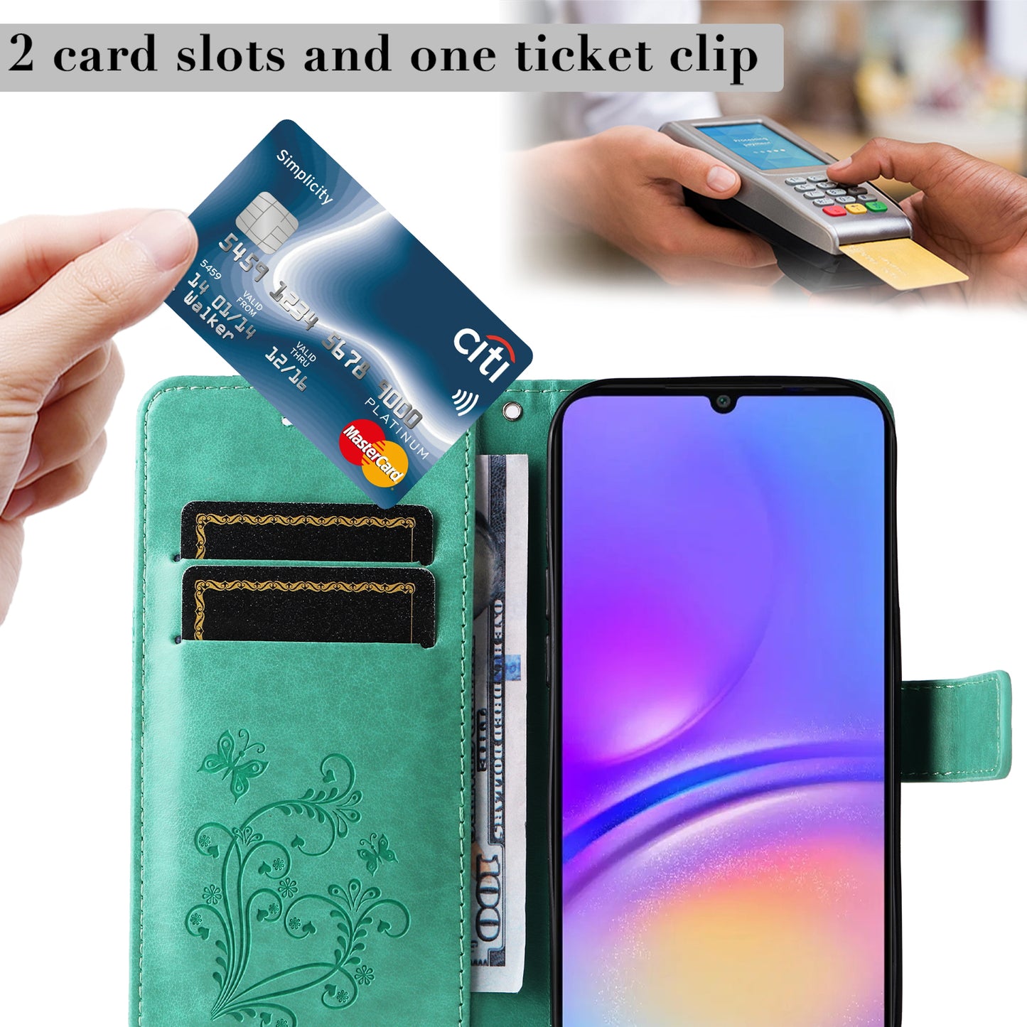 KT Imprinting Flower Series-2 For Samsung Galaxy A06 Case Floral Butterfly Leather Wallet Phone Cover - Green