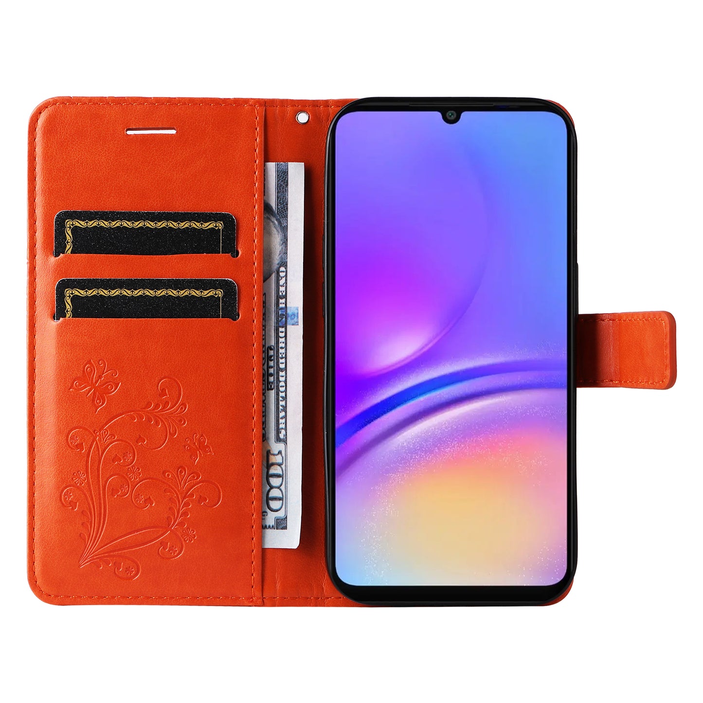 KT Imprinting Flower Series-2 For Samsung Galaxy A06 Case Floral Butterfly Leather Wallet Phone Cover - Orange