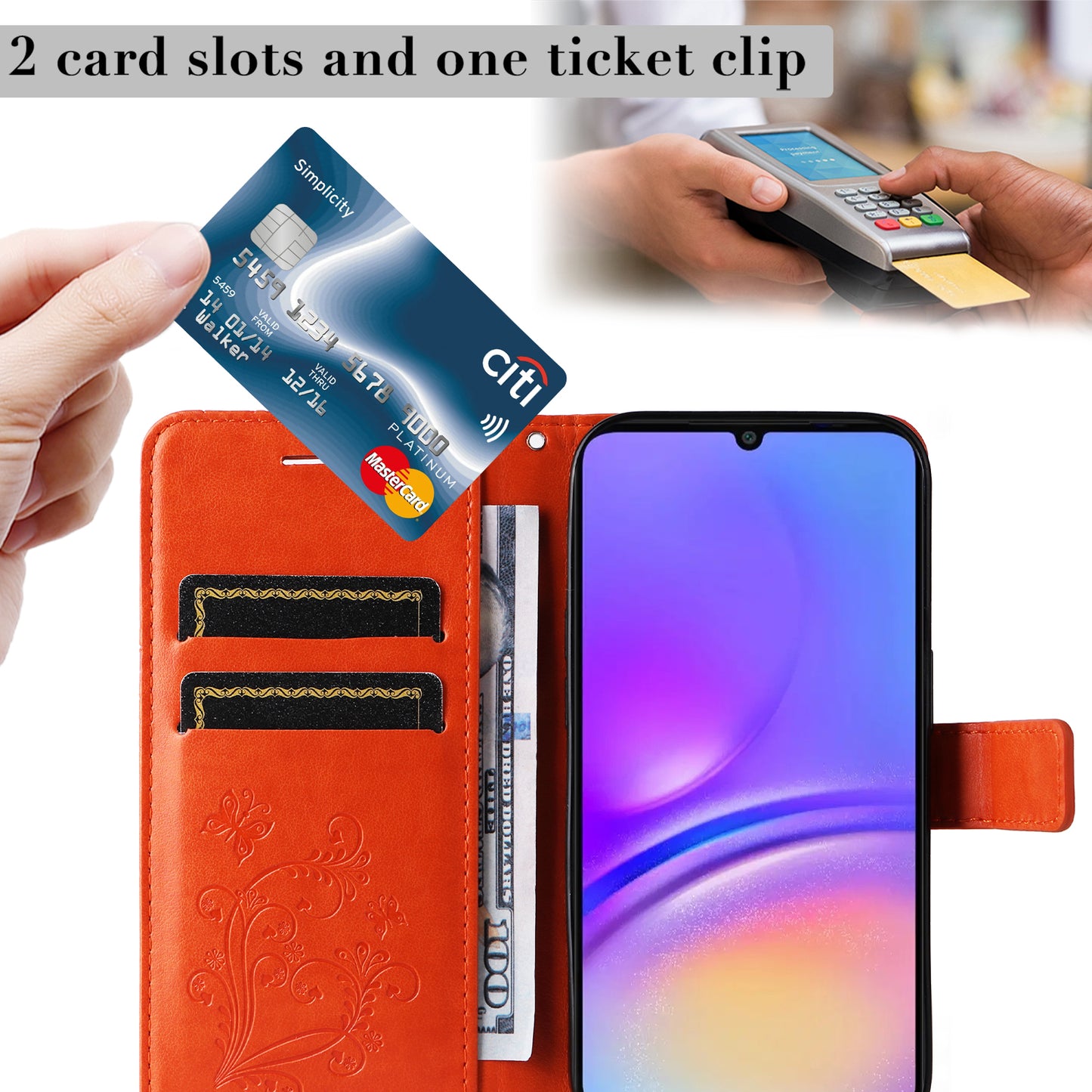 KT Imprinting Flower Series-2 For Samsung Galaxy A06 Case Floral Butterfly Leather Wallet Phone Cover - Orange