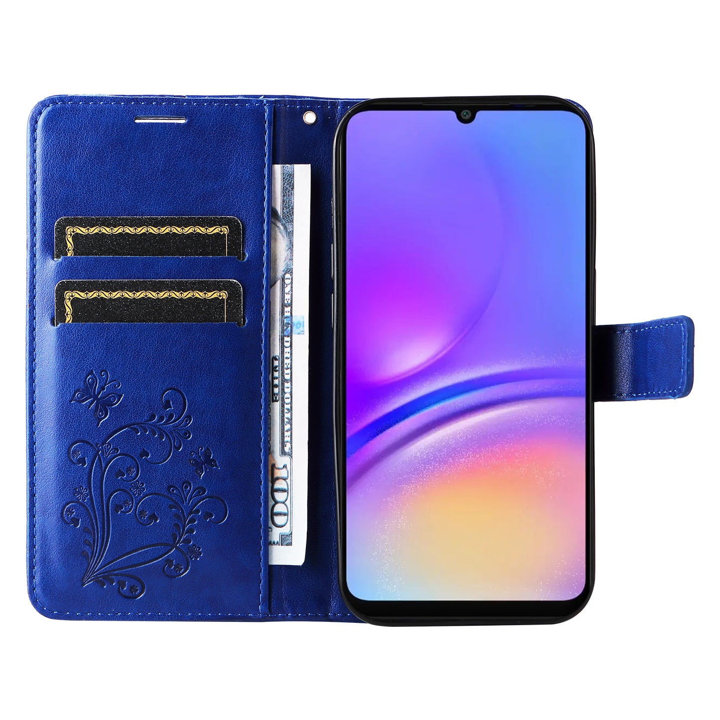 KT Imprinting Flower Series-2 For Samsung Galaxy A06 Case Floral Butterfly Leather Wallet Phone Cover - Blue