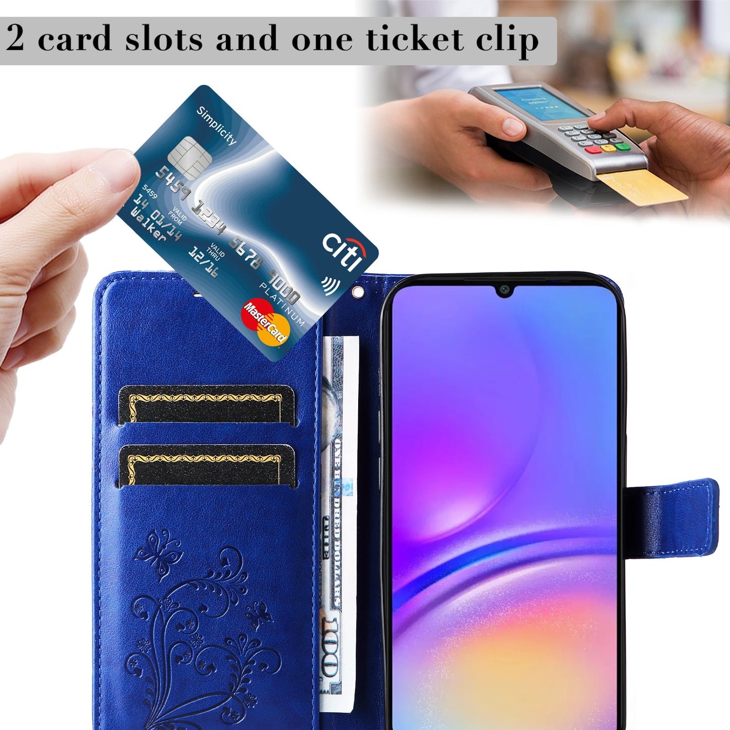 KT Imprinting Flower Series-2 For Samsung Galaxy A06 Case Floral Butterfly Leather Wallet Phone Cover - Blue